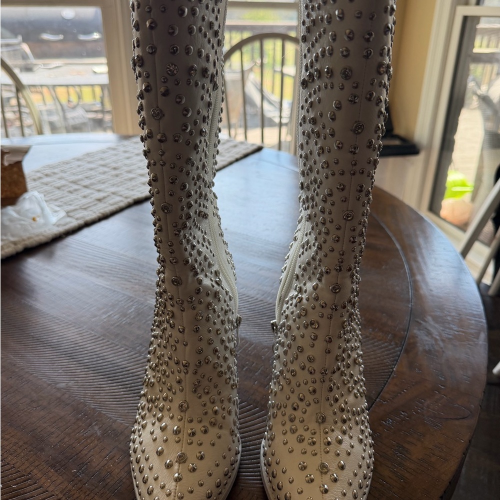 Studded Cream Heeled Boots